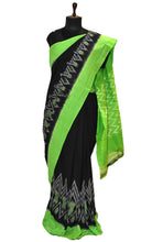 Soft Mercerized Cotton Ikkat Pochampally Saree in Black, Lawn Green and Off White