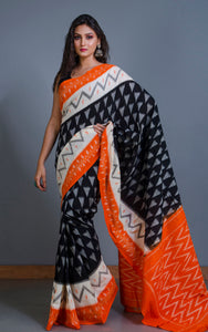 Soft Mercerized Cotton Ikkat Pochampally Saree in Black, Off White, Grey and Orange