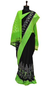 Soft Mercerized Cotton Ikkat Pochampally Saree in Black, Lawn Green and Off White
