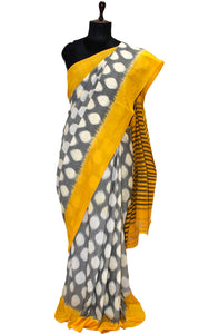 Soft Mercerized Cotton Ikkat Pochampally Saree in Smoke Grey, Off White and Yellow