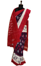 Soft Mercerized Cotton Ikkat Pochampally Saree in Eggplant, Off White and Red