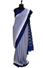 Soft Mercerized Cotton Ikkat Pochampally Saree in Slate Grey, Off White and Navy Blue
