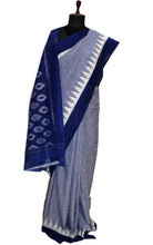 Soft Mercerized Cotton Ikkat Pochampally Saree in Slate Grey, Off White and Navy Blue