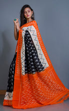 Soft Mercerized Cotton Ikkat Pochampally Saree in Black, Off White, Grey and Orange