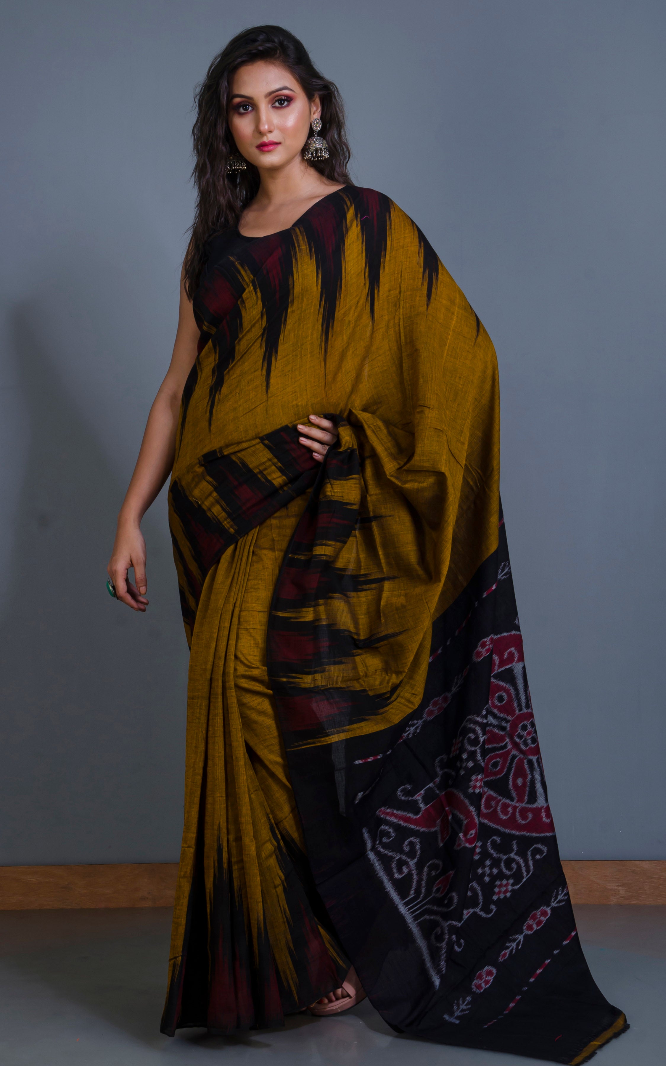 Soft Mercerized Cotton Ikkat Pochampally Mustard Yellow, Black, Dark R –  Bengal Looms India