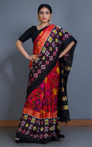 Hand Painted Floral Art Designer Ikkat Pochampally Silk Saree in Red, Black and Multicolored