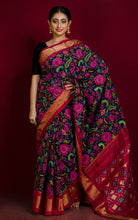 Hand Painted Floral Art Designer Ikkat Pochampally Silk Saree in Black, Red and Multicolored
