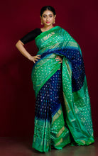 Designer Skirt Border Ikkat Pochampally Silk Saree in Berry Blue, Turquoise and Antique Gold