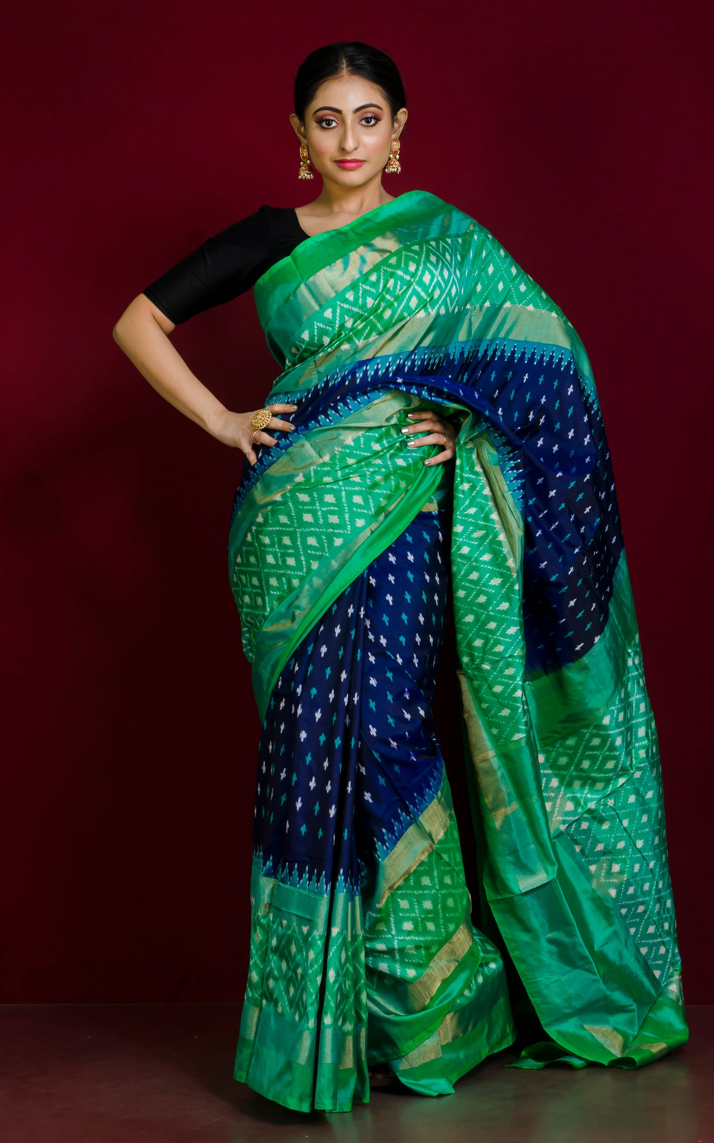 Designer Skirt Border Ikkat Pochampally Silk Saree in Berry Blue, Turquoise and Antique Gold