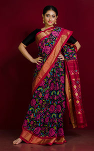 Hand Painted Floral Art Designer Ikkat Pochampally Silk Saree in Black, Red and Multicolored