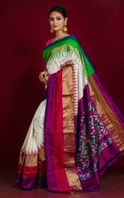 Designer Skirt Border Ikkat Pochampally Silk Saree in Off White and Multicolored