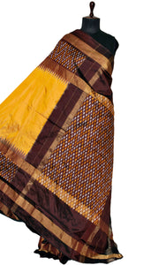 Designer Skirt Border Ikkat Pochampally Silk Saree in Yolk Yellow, Mahogany Brown and Silver White