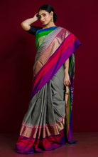 Designer Skirt Border Ikkat Pochampally Silk Saree in Pewter Grey and Multicolored