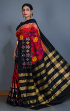 Hand Painted Floral Art Designer Ikkat Pochampally Silk Saree in Red, Black and Multicolored
