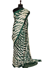 Printed Soft Crepe Silk Saree in Pale White, Dark Green and Russian Green