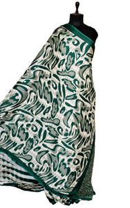 Printed Soft Crepe Silk Saree in Pale White, Dark Green and Russian Green