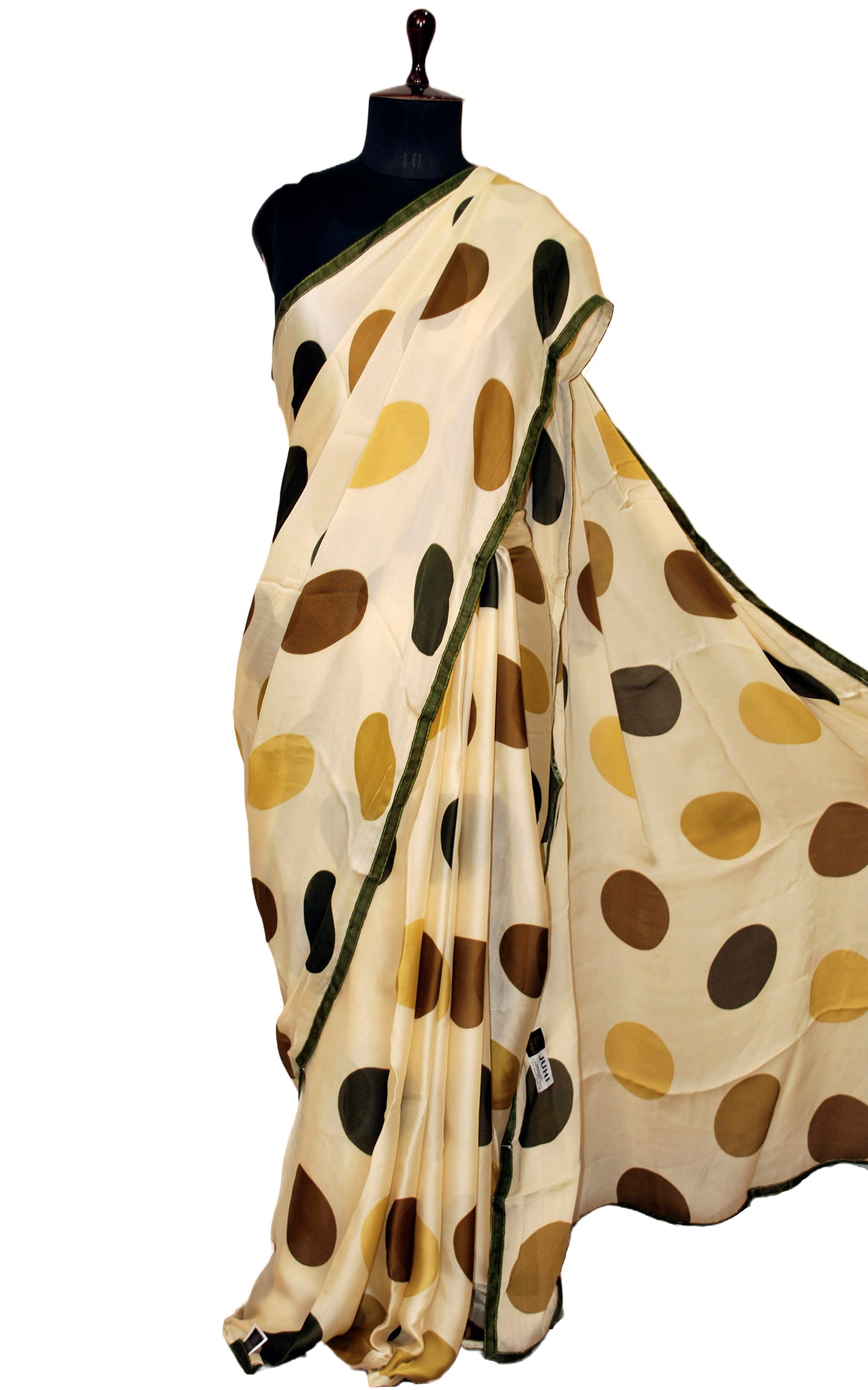 Printed Soft Crepe Silk Saree in Beige, Green and Multicolored Polka Prints