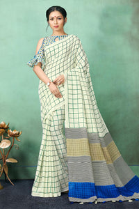 Designer Printed Linen Saree in Off White, Green, Black and Blue