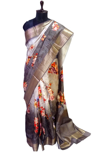 Digital Printed Silk Linen Saree in Dual Tone Grey and Multicolored