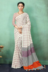 Designer Printed Linen Saree in Off White, Purple, Black and Burnt Orange