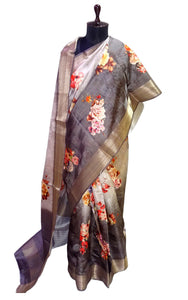 Digital Printed Silk Linen Saree in Dual Tone Grey and Multicolored