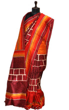 Soft Bishnupuri Printed Pure Silk Saree in Garnet, Burnt Orange Ochre Yellow and Off White
