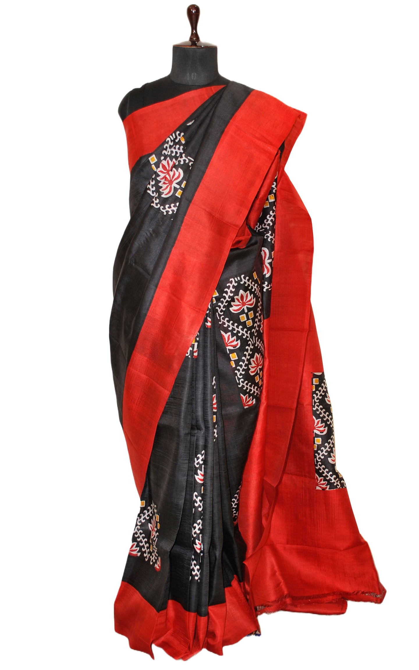 Madathasu Ikkat Printed Pure Silk Saree in Black, Red, Off White and Bright Yellow