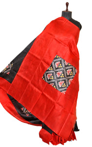 Madathasu Ikkat Printed Pure Silk Saree in Black, Red, Off White and Bright Yellow