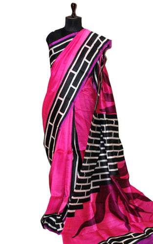 Soft Bishnupuri Printed Pure Silk Saree in Fuscia, Purple, Black and Off White