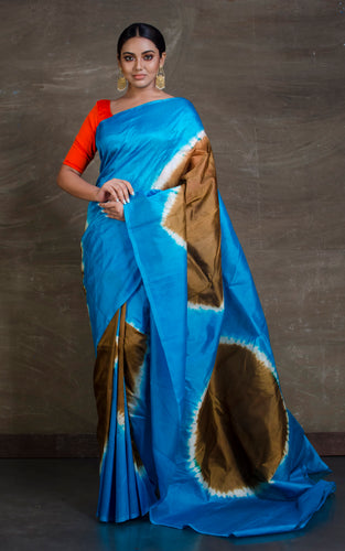 Printed Bishnupuri Pure Silk Saree in Blue, Off White and Snuff Brown