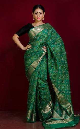 Bandhej Printed Tussar Banarasi Saree in Jade Green, Off White, Yellow, Dark Red and Brush Gold Zari Work
