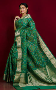 Bandhej Printed Tussar Banarasi Saree in Jade Green, Off White, Yellow, Dark Red and Brush Gold Zari Work