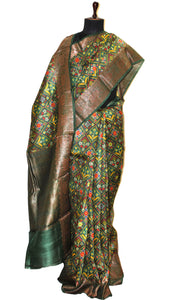 Printed Patola Tussar Banarasi Saree in Pine Green, Multicolored and Gold Zari Work