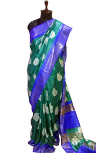 Silk Mark Certified Pure Gigha Block Printed Saree in Pine Green, Off White and Royal Blue