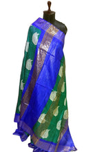 Silk Mark Certified Pure Gigha Block Printed Saree in Pine Green, Off White and Royal Blue