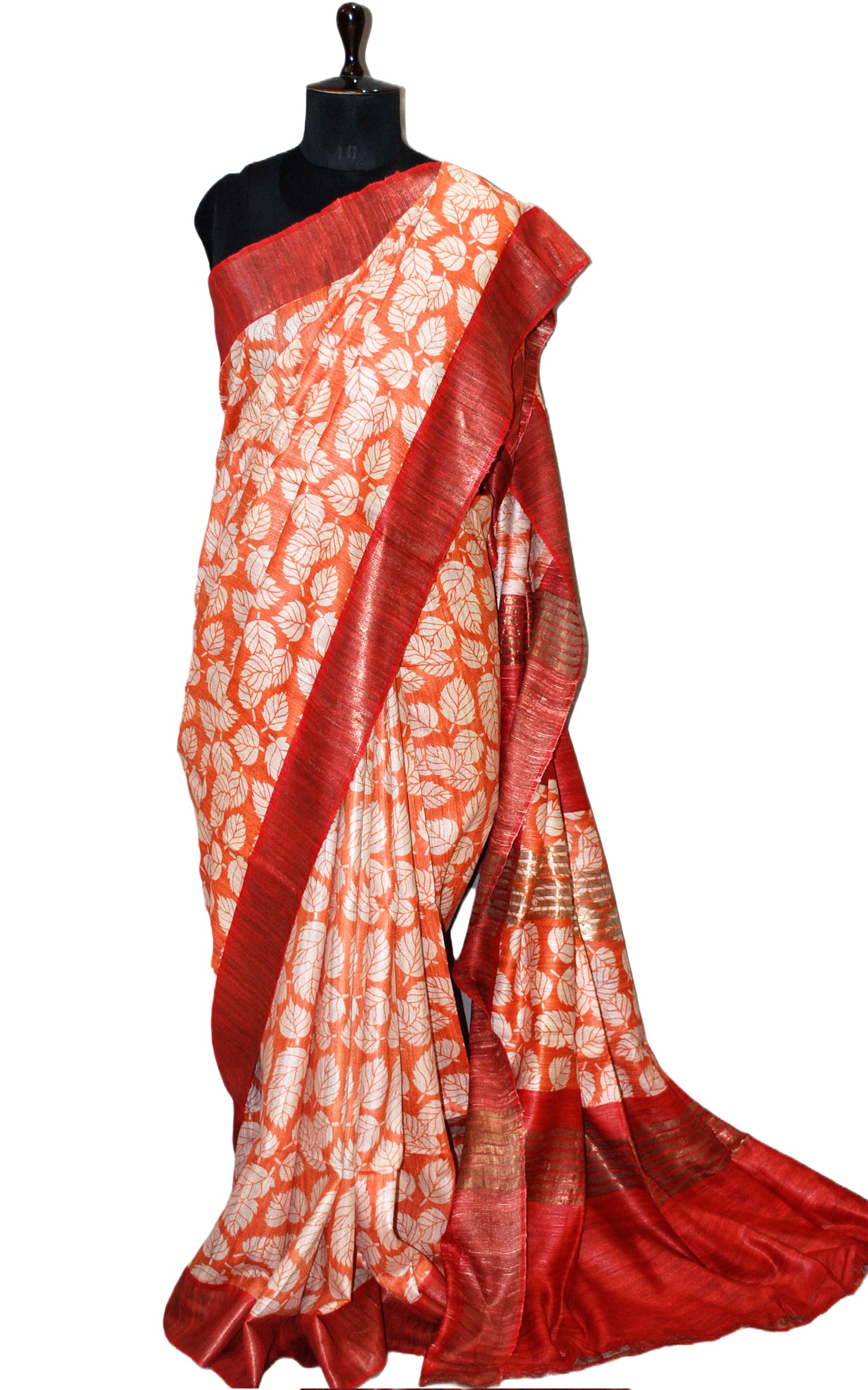 Silk Mark Certified Pure Gigha Block Printed Saree in Orange, Off White and Red