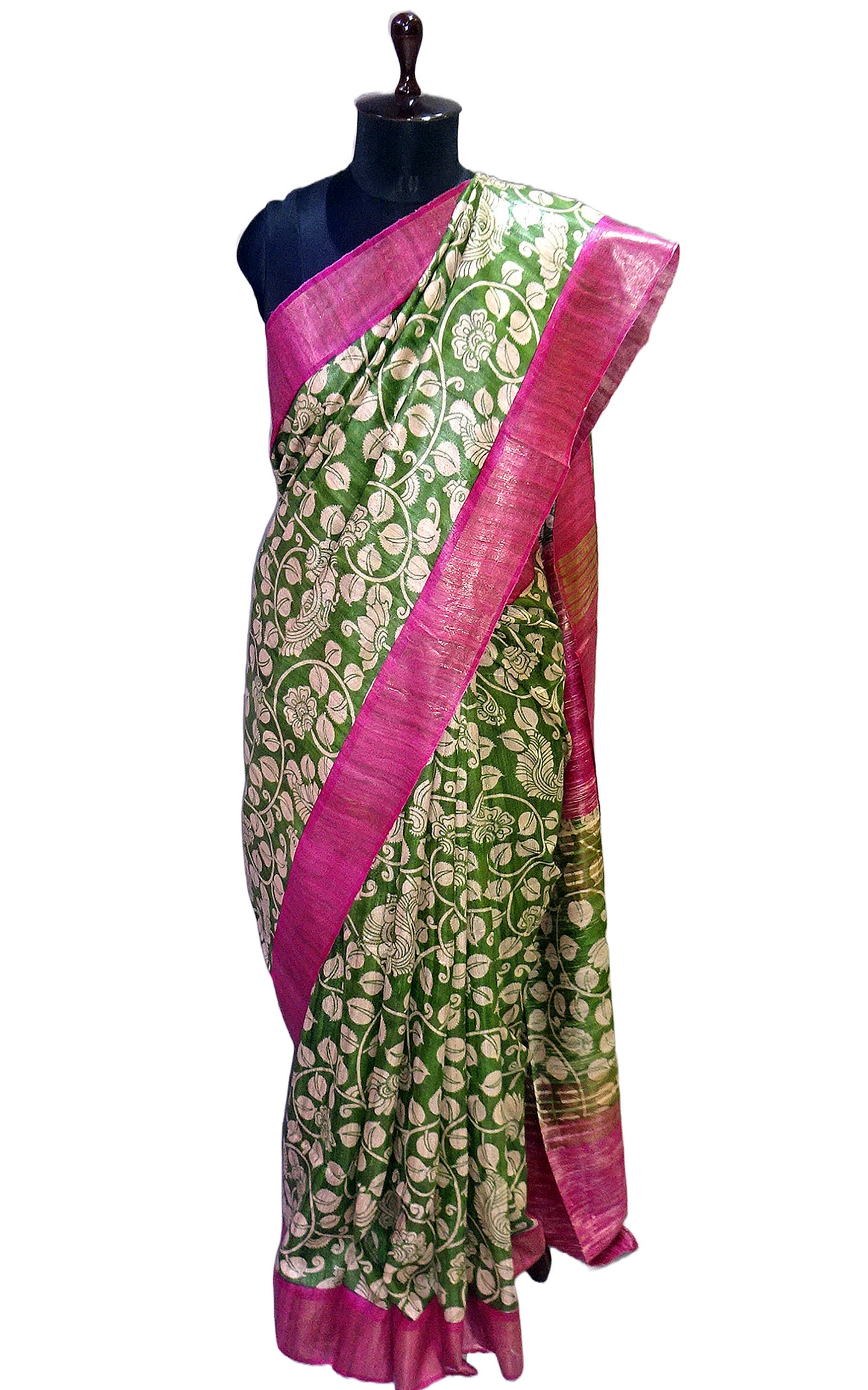 Silk Mark Certified Pure Gigha Block Printed Saree in Pistachio Green, Beige and Hot Pink