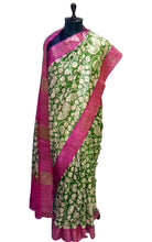 Silk Mark Certified Pure Gigha Block Printed Saree in Pistachio Green, Beige and Hot Pink
