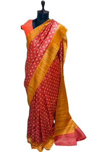 Ikkat Printed Silk Gicha Tussar Saree in Dark Red, Burnt Orange and Beige