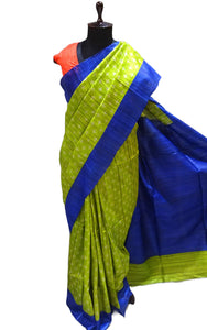 Ikkat Printed Silk Gicha Tussar Saree in Sheen Green, Royal Blue and Beige