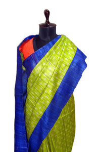Ikkat Printed Silk Gicha Tussar Saree in Sheen Green, Royal Blue and Beige