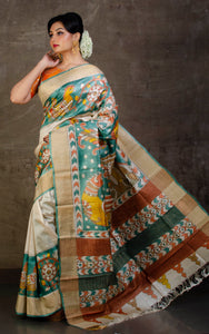 Kalamkari Printed Soft Tussar Silk Saree in Cream, Basil Green and Multicolored Prints