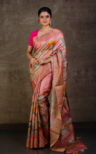 Printed Soft Tussar Silk Saree in Pink Orange and Multicolored Prints