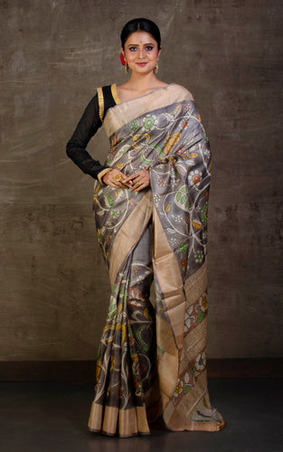 Printed Soft Tussar Silk Saree in Steel Grey and Multicolored Prints