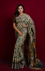 Kalamkari Printed Soft Tussar Silk Saree in Cream, Green, Brown and Multicolored