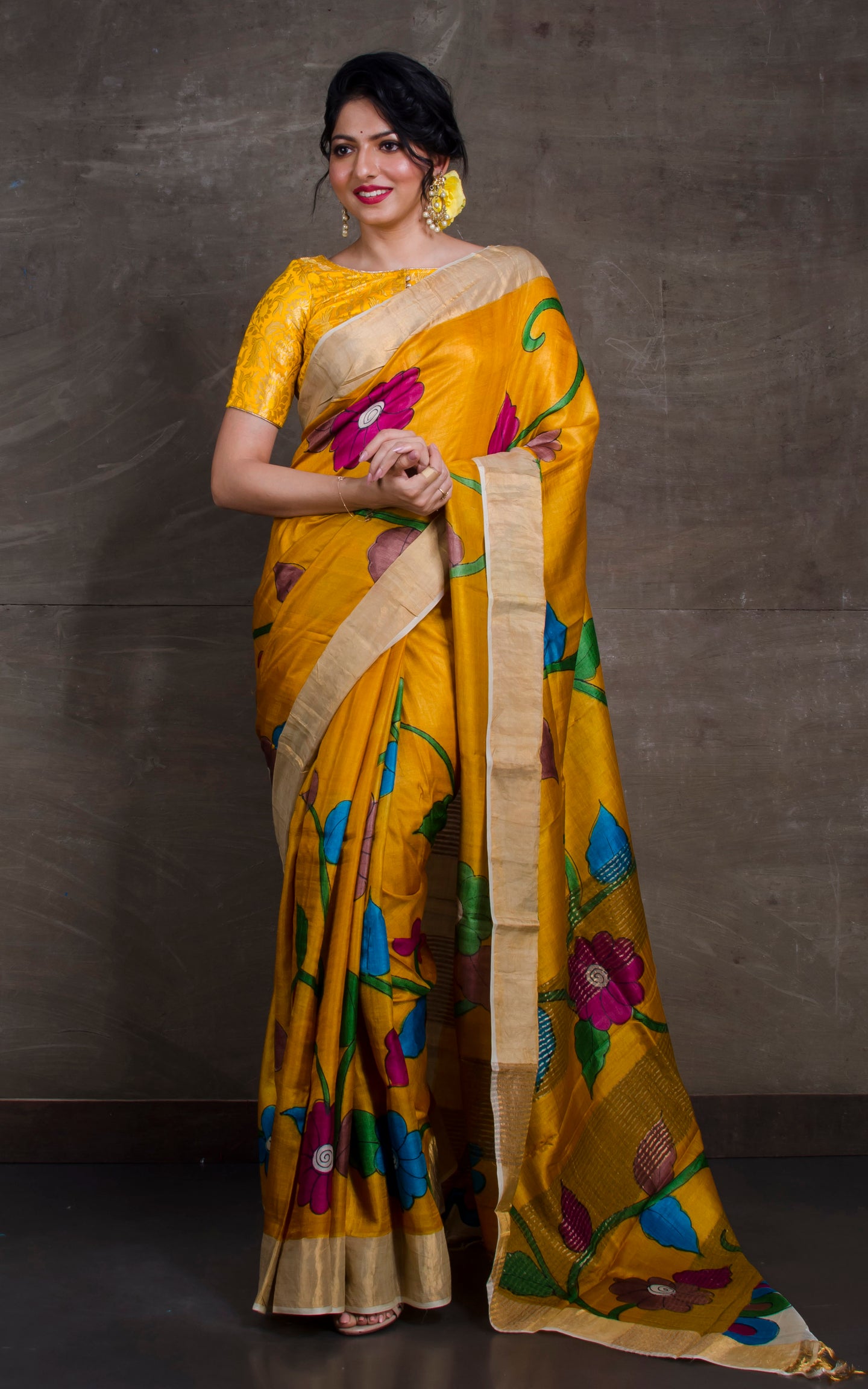 Printed Soft Tussar Silk Saree with Matte finish Zari Border in Yellow and Multicolored Prints