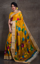 Printed Soft Tussar Silk Saree with Matte finish Zari Border in Yellow and Multicolored Prints
