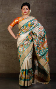 Kalamkari Printed Soft Tussar Silk Saree in Cream, Basil Green and Multicolored Prints