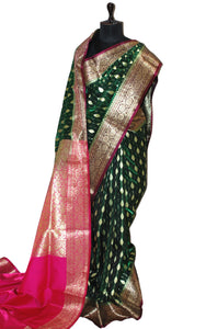 Blended Kadiyal Katan Silk Patta Buti Banarasi Saree in Bottle Green and Hot Pink