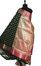 Blended Kadiyal Katan Silk Patta Buti Banarasi Saree in Bottle Green and Hot Pink